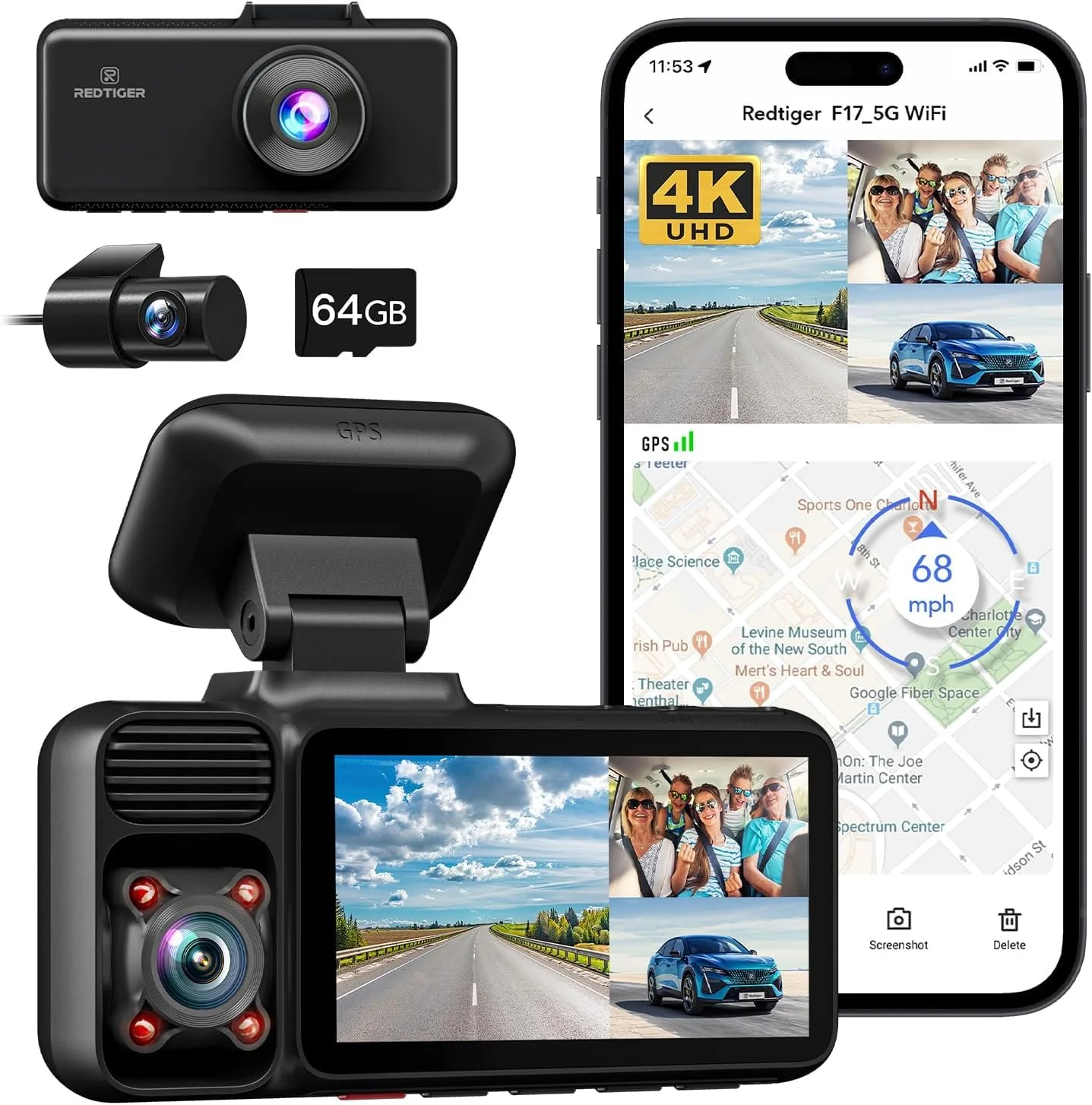 REDTIGER 3 Channel Dash Cam Front and Rear, Dash Camera with 5G WiFi GPS, IR Night Vision, Free 64GB Card, 24H Parking Mode, Vehicle