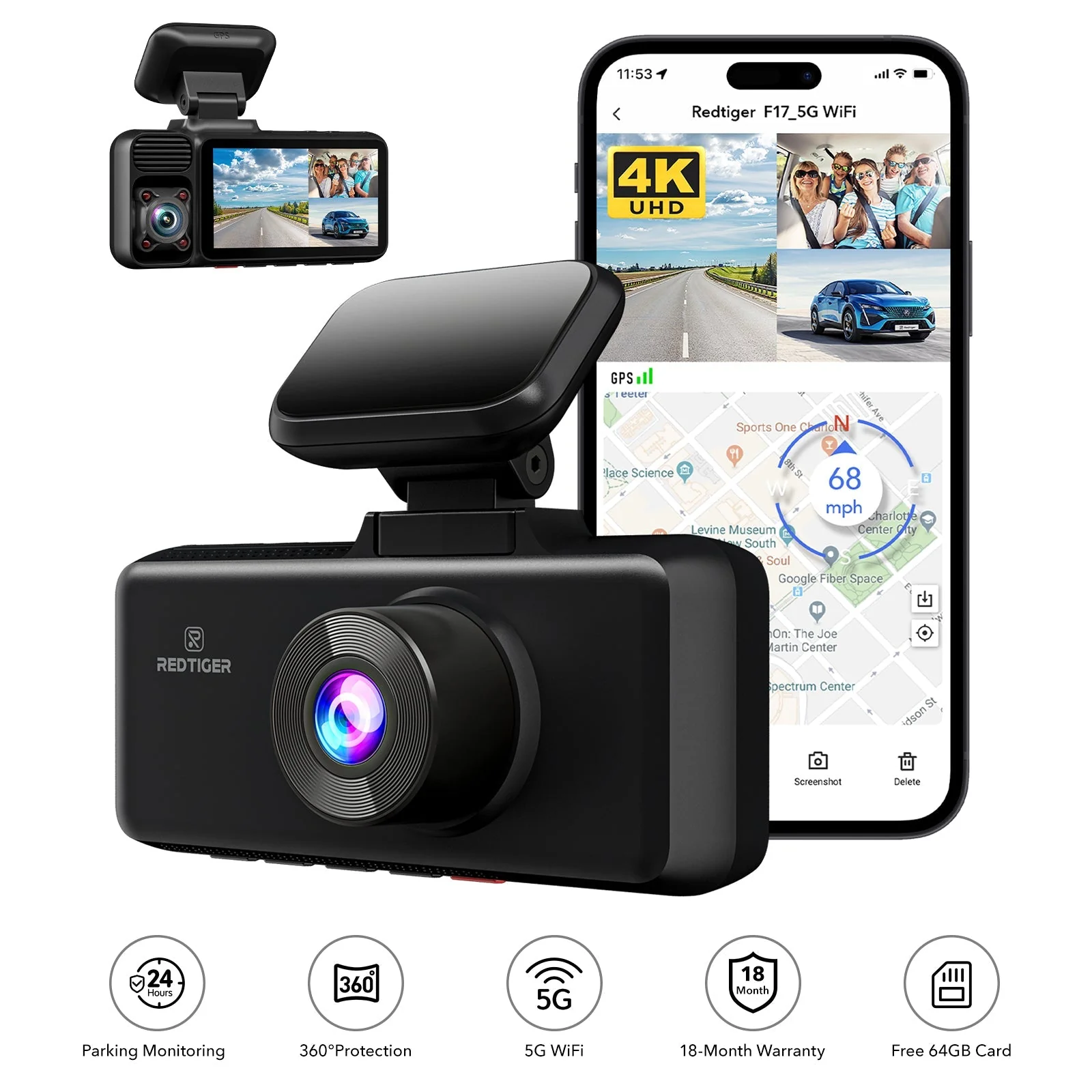 REDTIGER 3 Channel Dash Cam Front and Rear, Dash Camera with 5G WiFi GPS, IR Night Vision, Free 64GB Card, 24H Parking Mode, Vehicle - Image 8