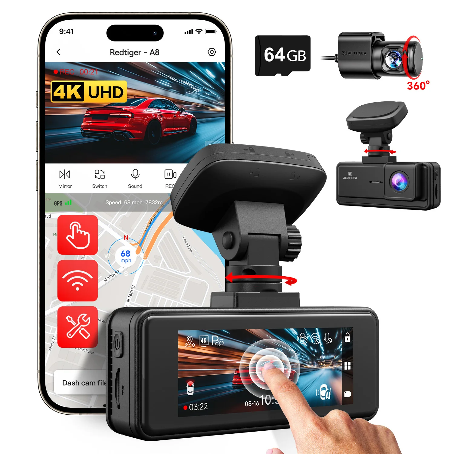 REDTIGER 4K Dash Cam Front and Rear, 3.18" IPS Touch Screen Car Camera, Dual Dash cam with 64GB Card, Built-in GPS, Super Night Vision, 24H Parking Monitor, G-Sensor, Loop Recording(A8)