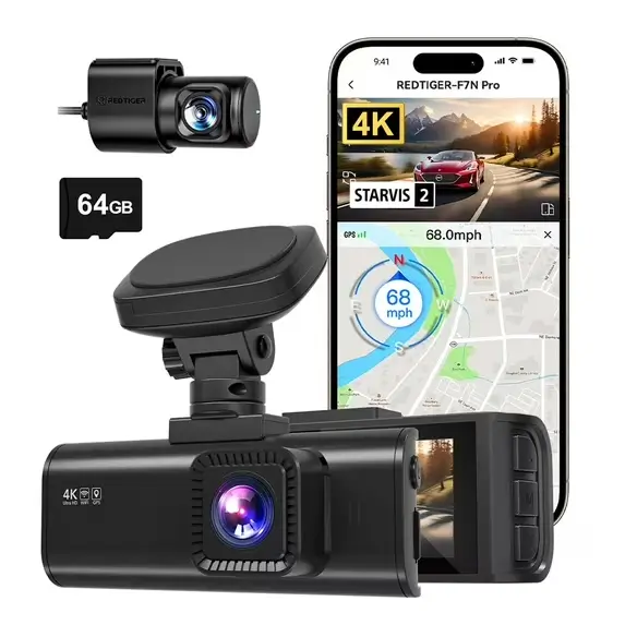 REDTIGER 4K Front and Rear Dash Cam, STARVIS 2 Sensor, 4K/2.5K+1080P Dual Dash Dam, Built-in WiFi & GPS, 3.18-inch IPS Screen, 170° Wide Angle, Parking Mode, 64GB card