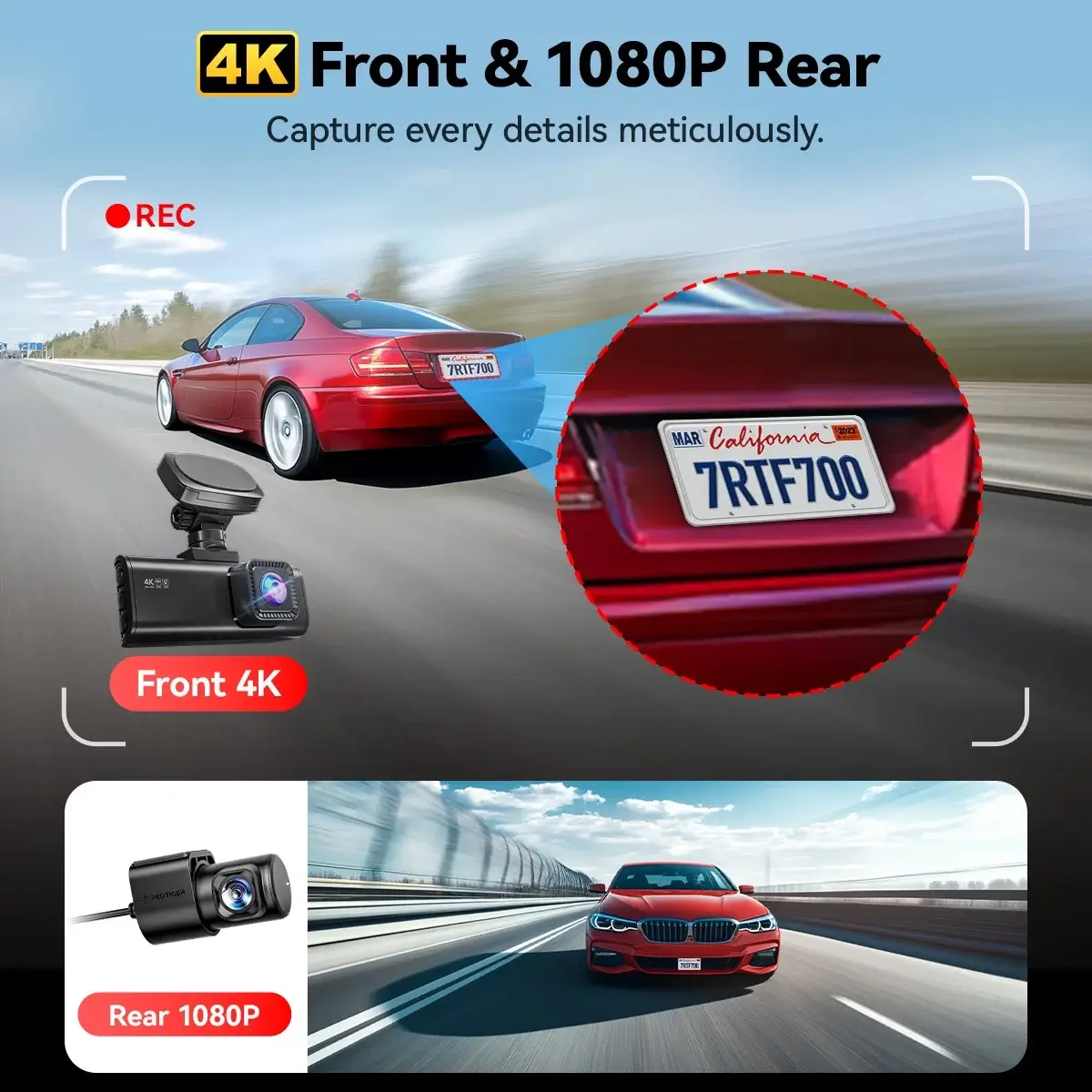 REDTIGER 4K Front and Rear Dash Cam, STARVIS 2 Sensor, 4K/2.5K+1080P Dual Dash Dam, Built-in WiFi & GPS, 3.18-inch IPS Screen, 170° Wide Angle, Parking Mode, 64GB card - Image 3