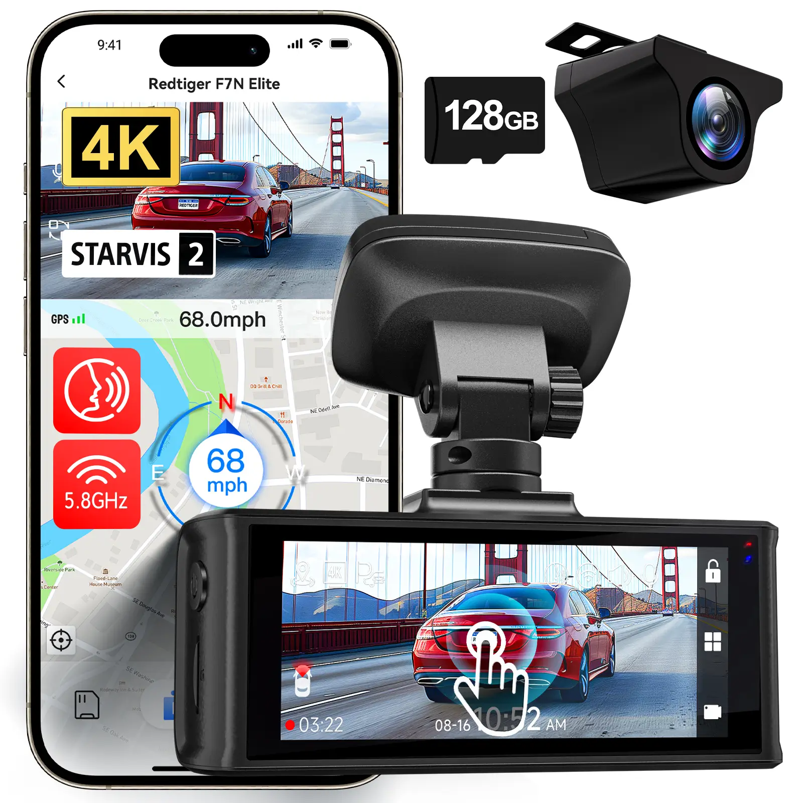 REDTIGER 4K HDR Dash Cam Front and Rear, STARVIS 2 Sensor, Dash Camera with 5.8GHz WiFi GPS, 3.18" Touchscreen, Voice Control, Free 128G Card, WDR, APP Control, 24H Parking Mode
