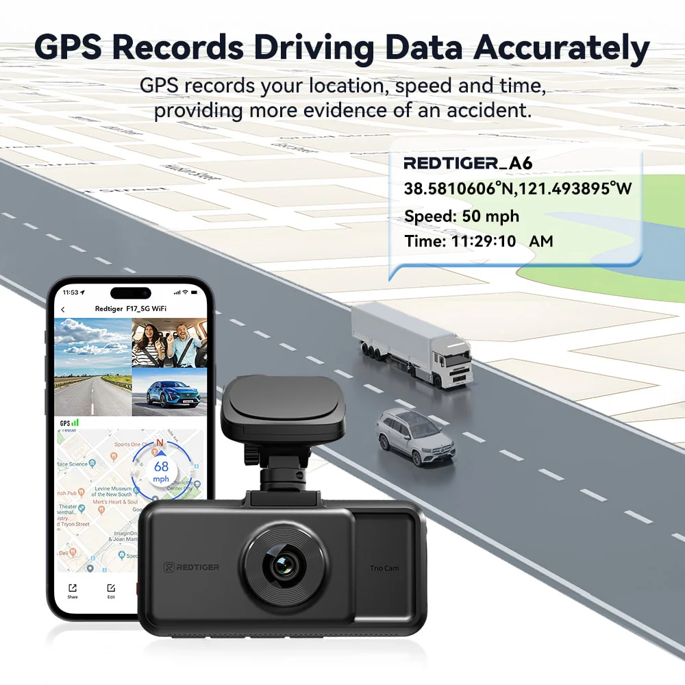 Redtiger A6 4K 3-Channel Dash Cam 5.8Ghz Wifi Voice Control Dash Cam - Image 13