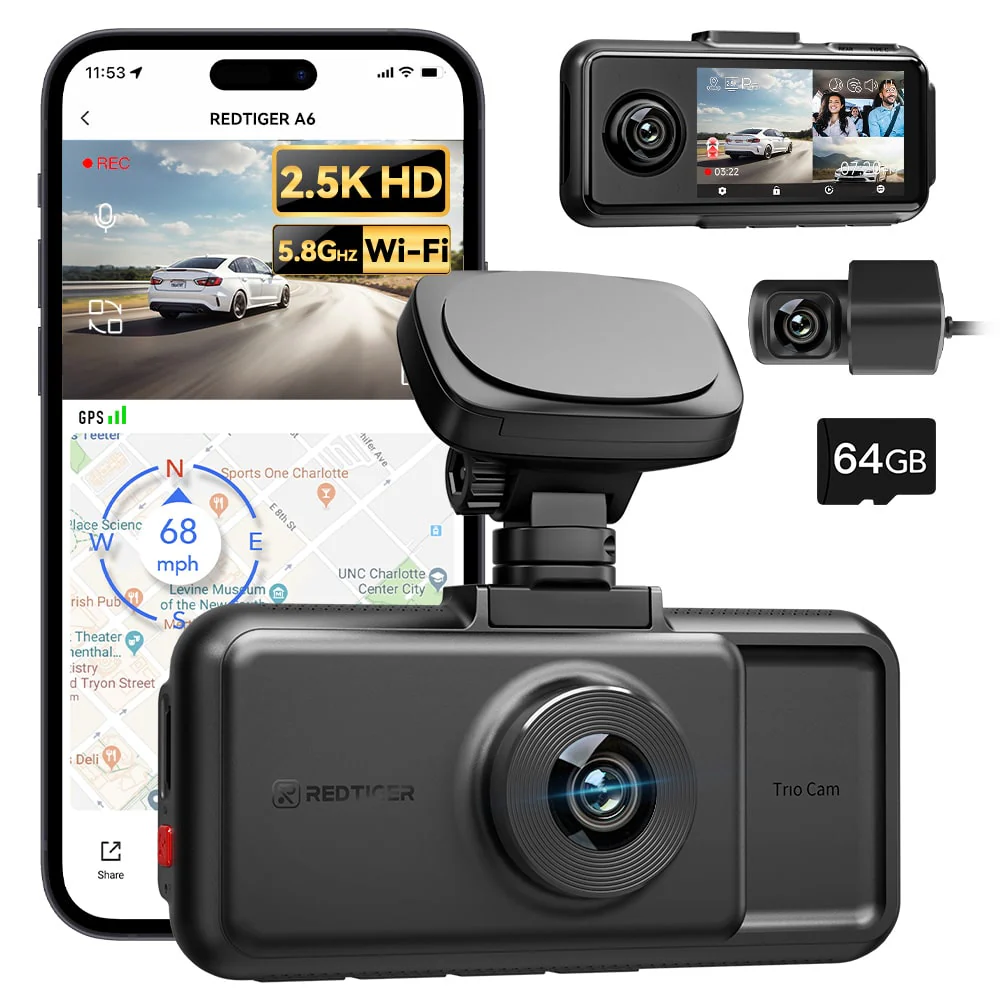 Redtiger A6 4K 3-Channel Dash Cam 5.8Ghz Wifi Voice Control Dash Cam - Image 3