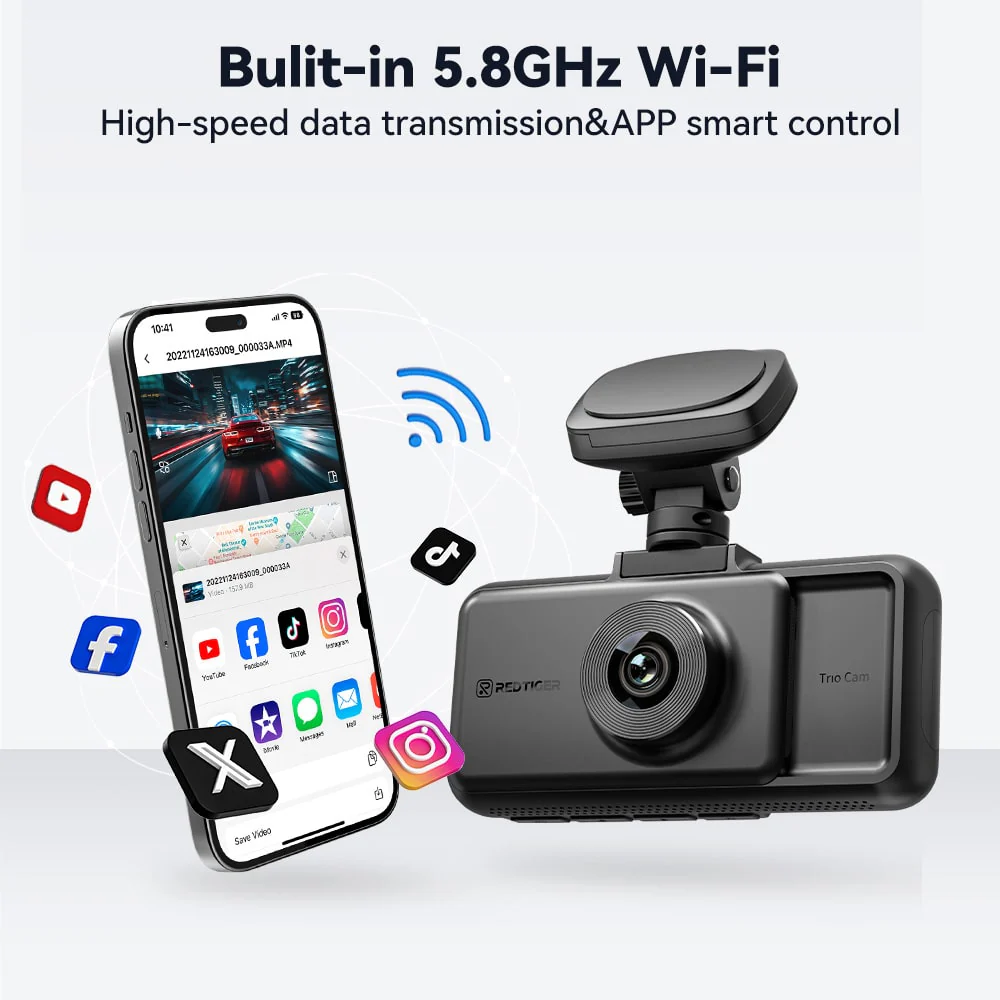 Redtiger A6 4K 3-Channel Dash Cam 5.8Ghz Wifi Voice Control Dash Cam - Image 6