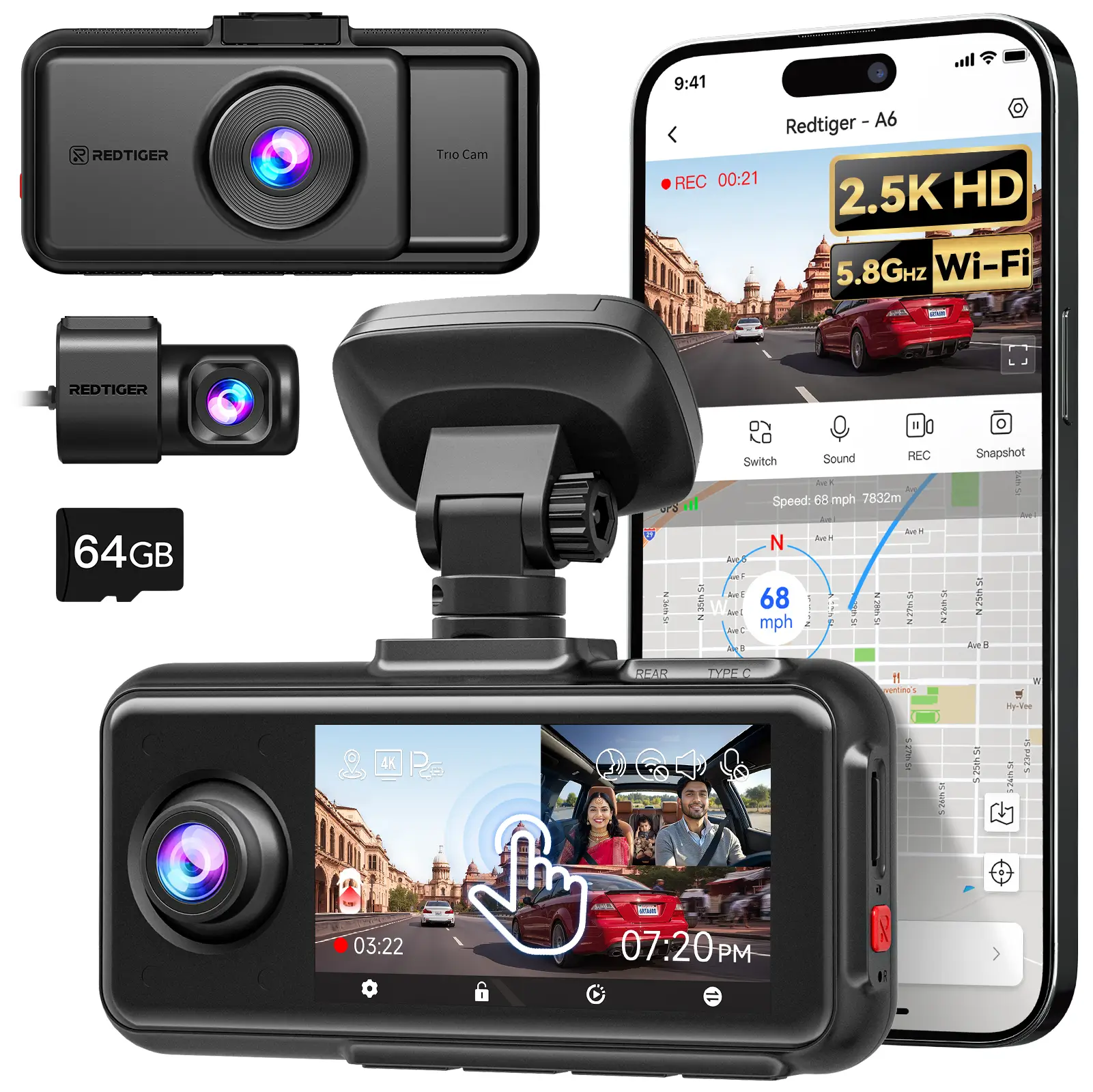 REDTIGER A6 Dash Cam Front and Rear, 4K/2.5K+1080P 5.8G WiFi & GPS dashcam, 3 Channel dash Cam with 64GB Card, 2.5K+1080P+1080P Dash Camera for Car, Super Night Vision, Loop Recording, Parking Mode