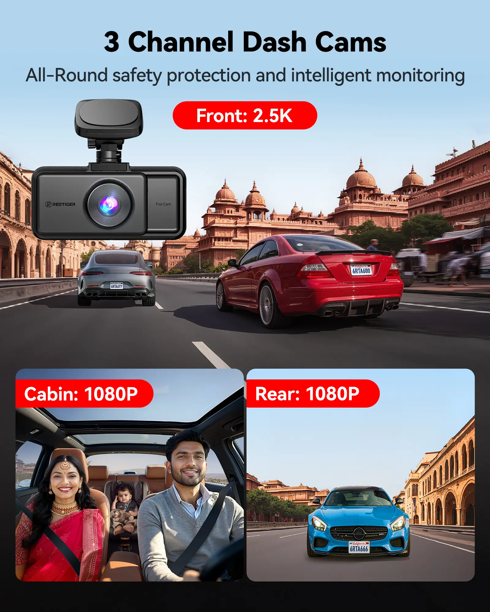 REDTIGER A6 Dash Cam Front and Rear, 4K/2.5K+1080P 5.8G WiFi & GPS dashcam, 3 Channel dash Cam with 64GB Card, 2.5K+1080P+1080P Dash Camera for Car, Super Night Vision, Loop Recording, Parking Mode - Image 2