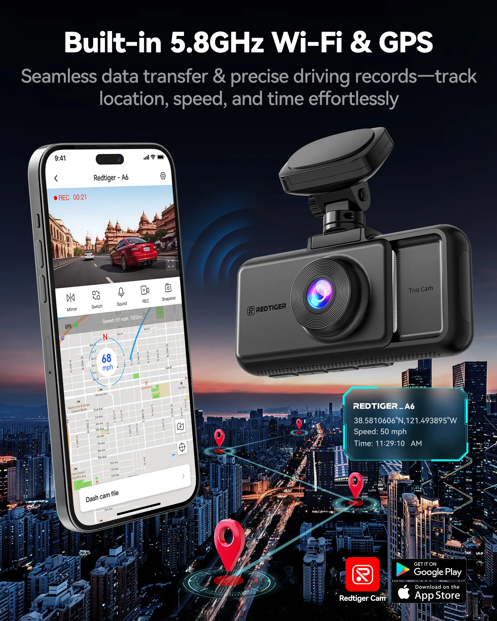 REDTIGER A6 Dash Cam Front and Rear, 4K/2.5K+1080P 5.8G WiFi & GPS dashcam, 3 Channel dash Cam with 64GB Card, 2.5K+1080P+1080P Dash Camera for Car, Super Night Vision, Loop Recording, Parking Mode - Image 6