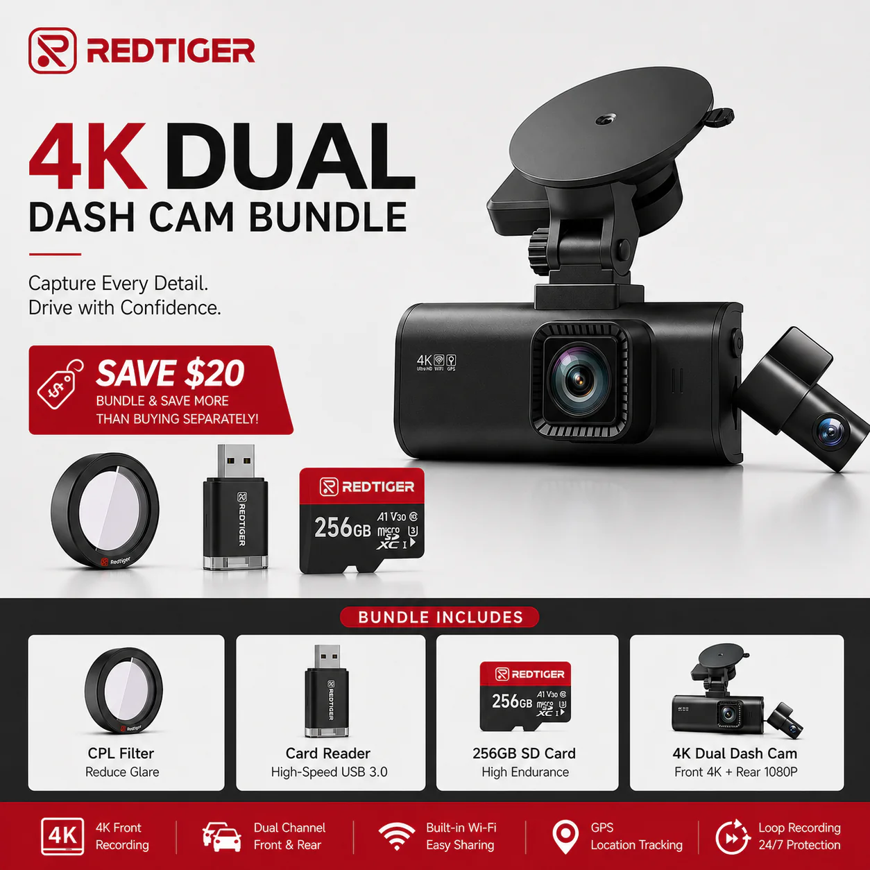 REDTIGER F7NP Dash Cam Front Rear, STARVIS 2 Sensor, 5.8GHz WiFi-20MB/s Fast Download, Dash Camera for Cars with GPS, WDR Night Vision, 170°Wide Angle, 24H Parking Mode - Image 16