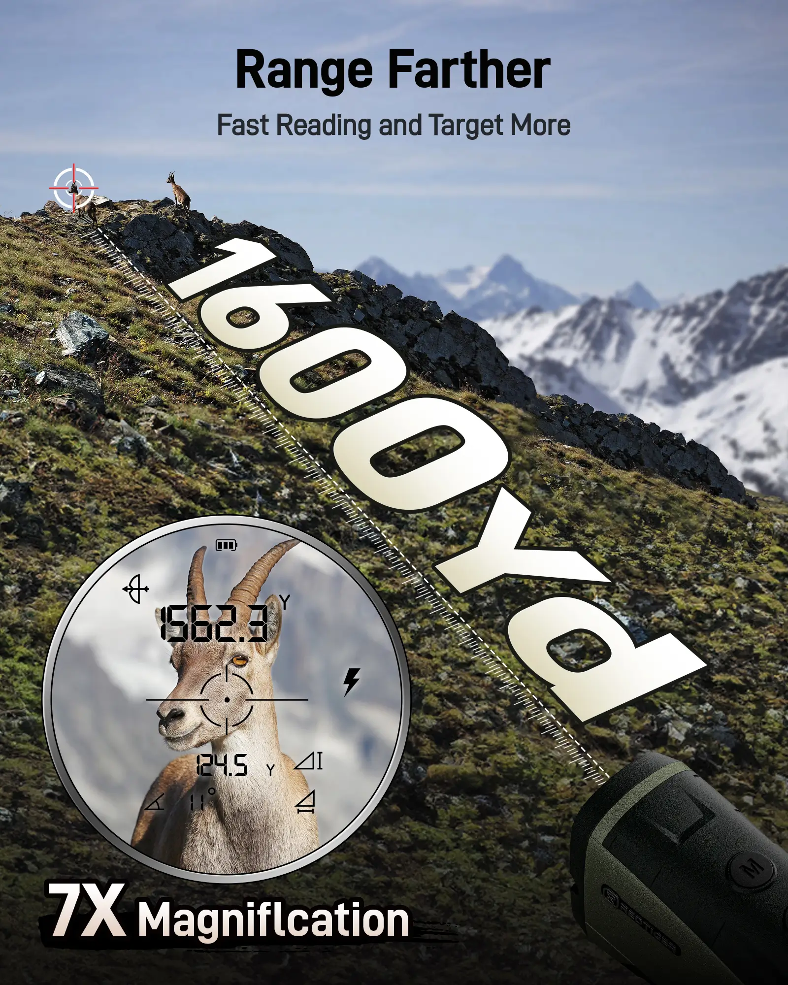 REDTIGER Range Finder for Hunting, 1600 Yards Laser rangefinder, 7X Magnification, Clearer and Accurate on Angle&Speed Measurement, Waterproof, Rechargeable for Bow Hunting, Shooting, Archery - Image 3