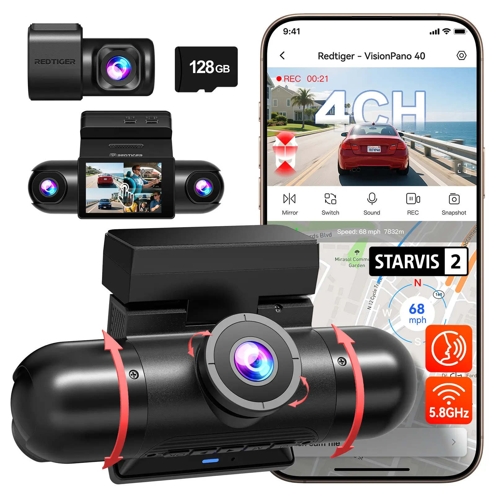 REDTIGER 4 Channel Dash Cam, 360° View Car Camera with Dual STARVIS 2, 2.5K Front & Cabin + 1080P Rear & Side, 5.8GHz WiFi, IR Night Vision, 4 Adjustable Lenses, 128GB Card Included - Image 10