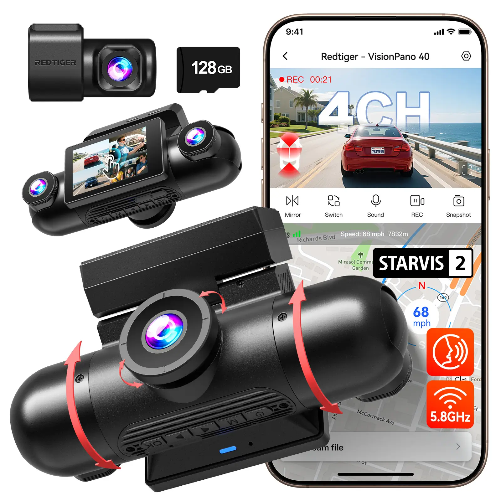 REDTIGER 4 Channel Dash Cam, 360° View Car Camera with Dual STARVIS 2, 2.5K Front & Cabin + 1080P Rear & Side, 5.8GHz WiFi, IR Night Vision, 4 Adjustable Lenses, 128GB Card Included - Image 3