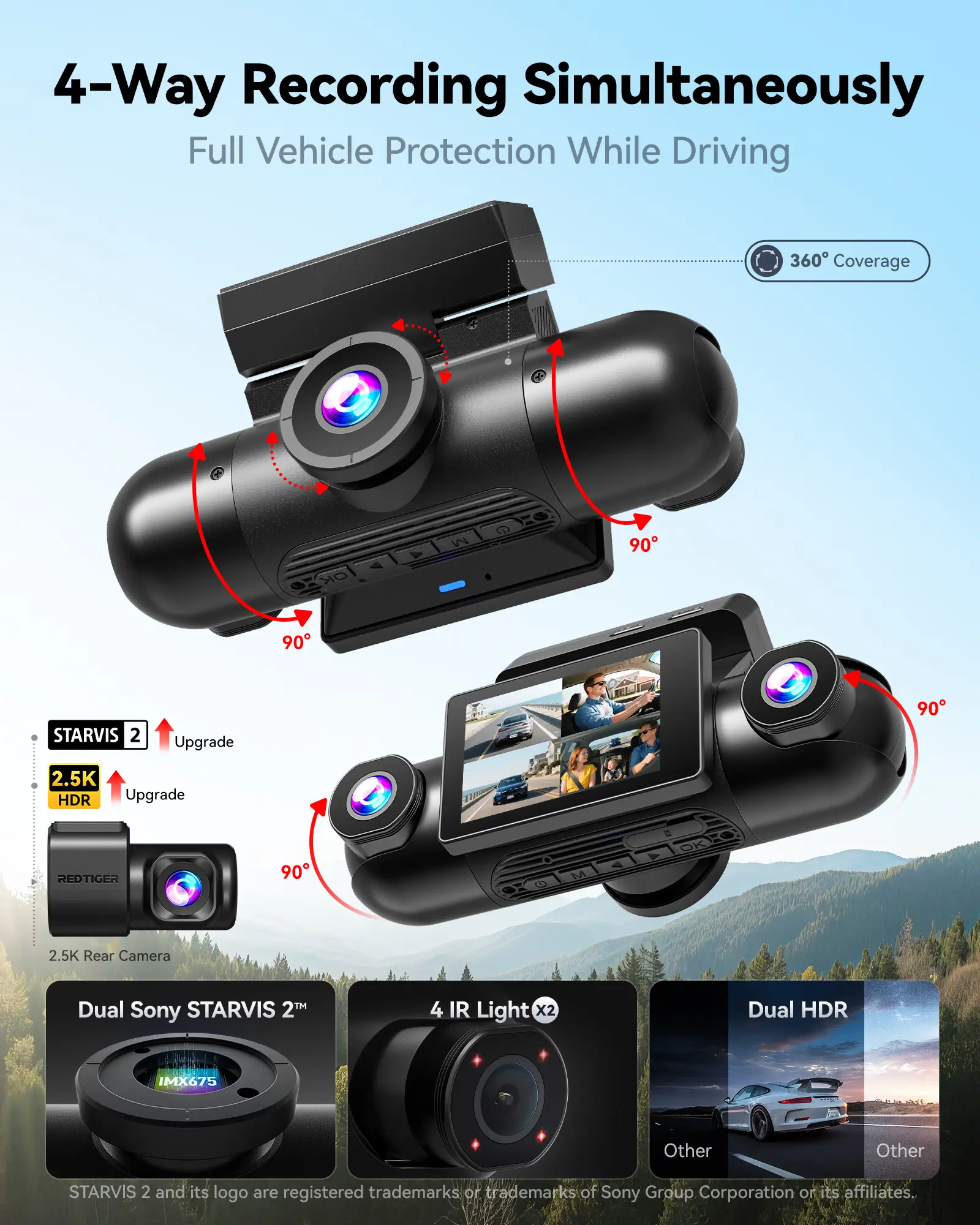 REDTIGER 4 Channel Dash Cam, 360° View Car Camera with Dual STARVIS 2, 2.5K Front & Cabin + 1080P Rear & Side, 5.8GHz WiFi, IR Night Vision, 4 Adjustable Lenses, 128GB Card Included - Image 4