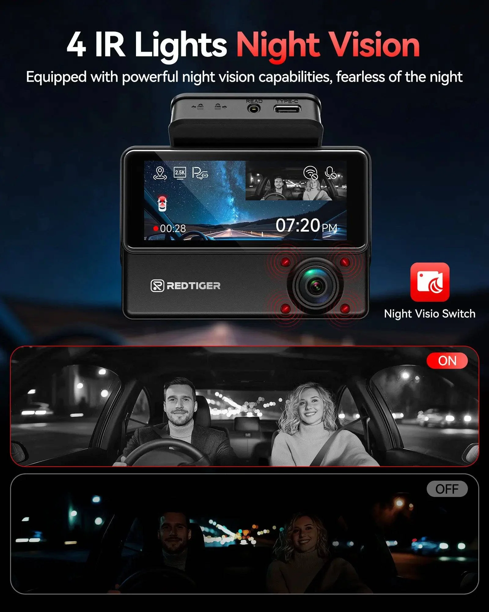 REDTIGER VP20 530° 3-Channel IR Night View Dash Cam - Image 5